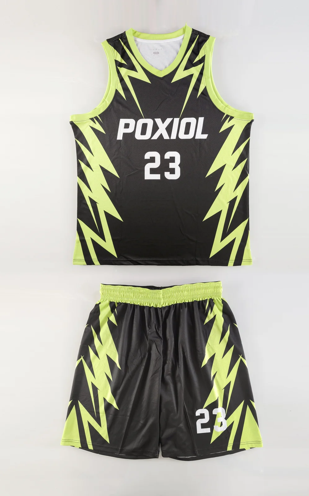 Black and neon green POXIOL basketball uniform set with number 23